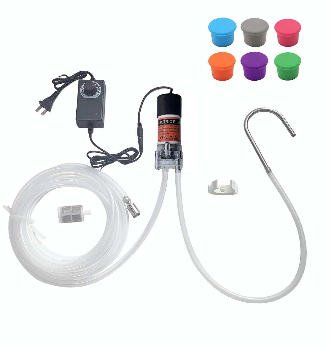 Small electric water pump with speed control knob, power adapter and clear silicone tubing