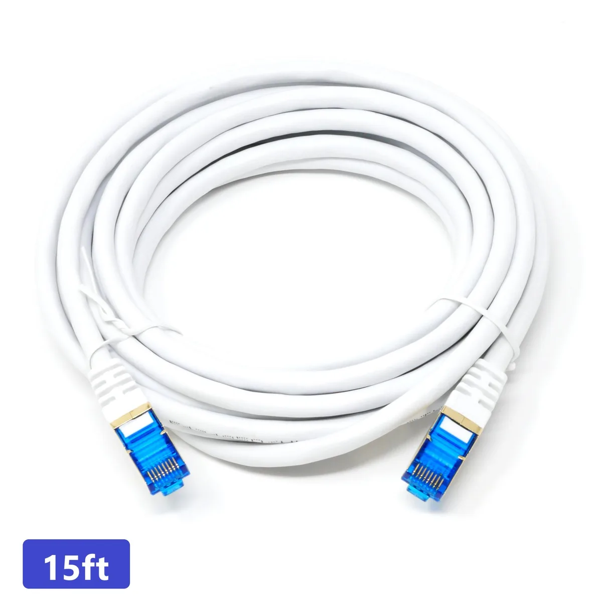 White round Cat 7 Ethernet cable with RJ45 connectors, fifteen feet long