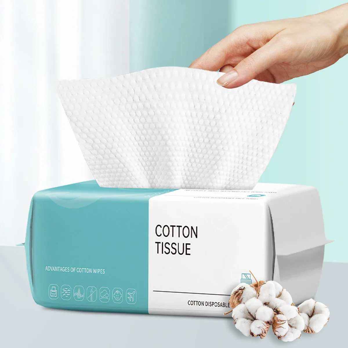 White rectangular box containing 100 cotton disposable face towels, each 7.9 inches square