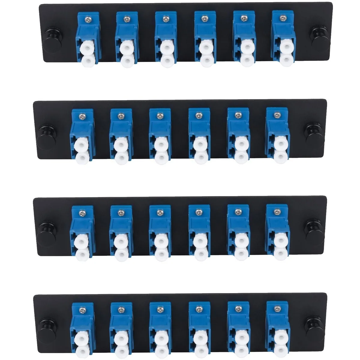 Black metal fiber patch panel with twelve LC duplex ports in a rectangular chassis