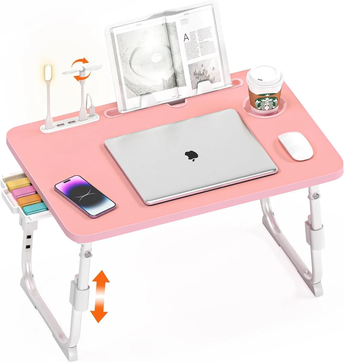 Pink folding lap desk with adjustable legs, storage drawer, cup holder and device slot