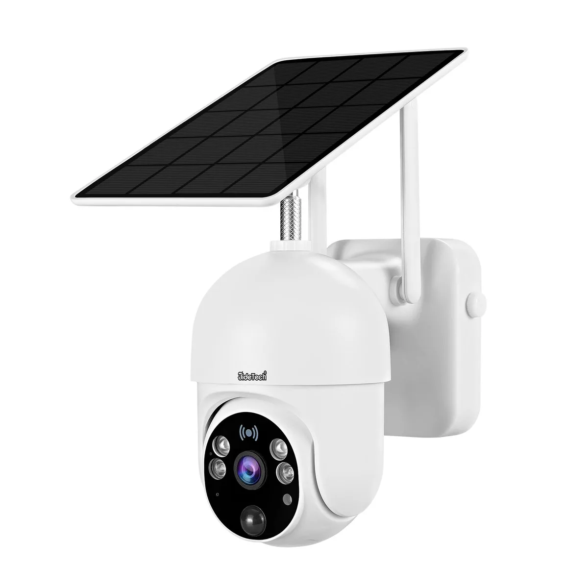 White cylindrical outdoor WiFi camera with solar panel on top, pan tilt base, spotlight LEDs and IP66 weatherproof housing