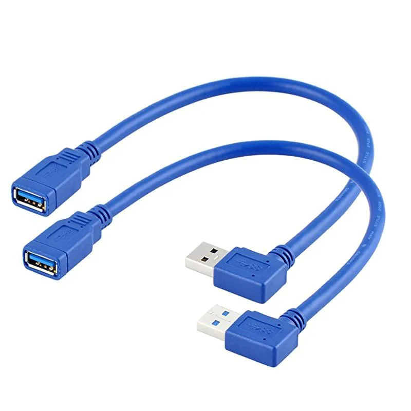 Two short black USB 3.0 Type A cables with 90-degree left and right angled male connectors to female ports