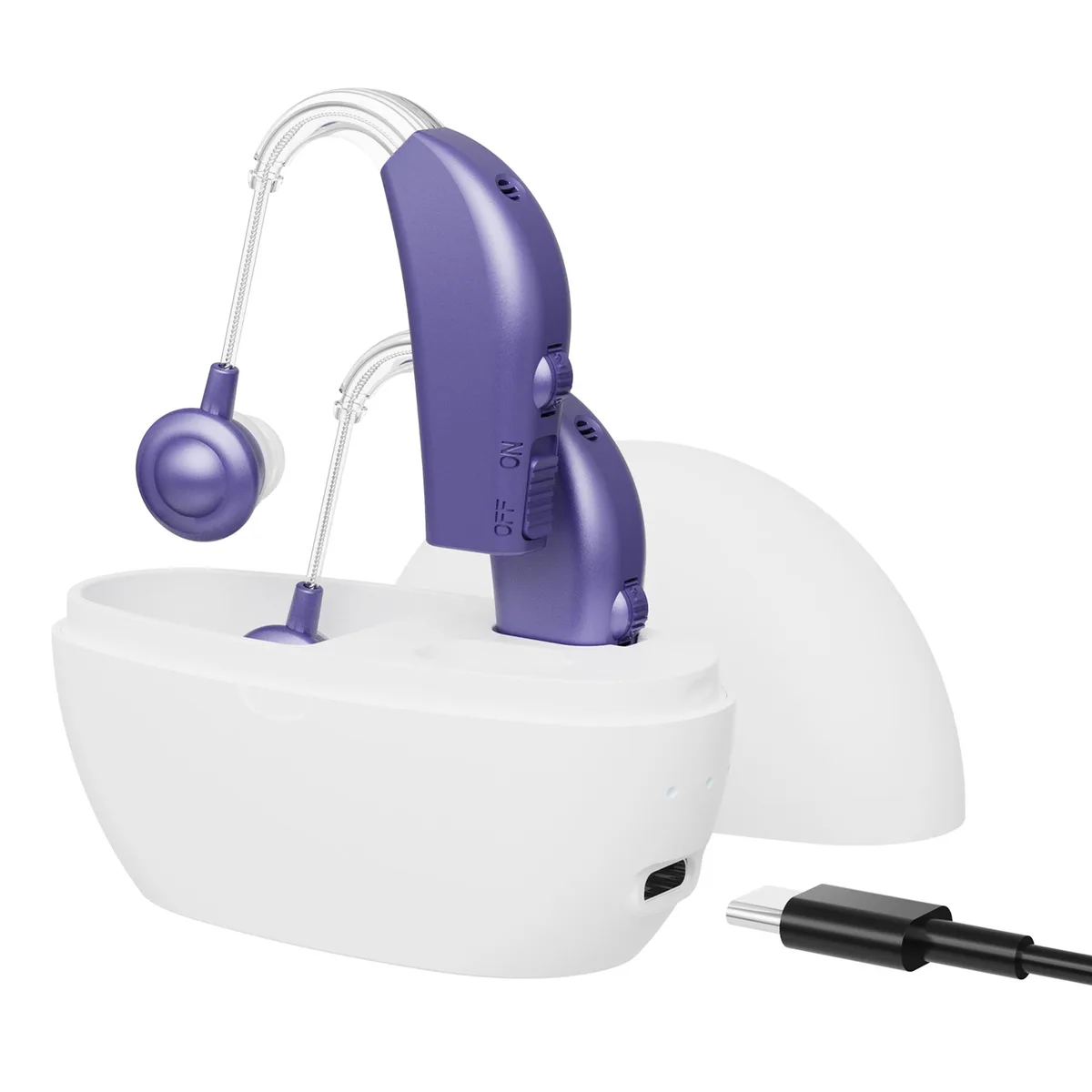 Pair of purple behind-the-ear hearing amplifiers with rechargeable docks, USB cables, wall adapters