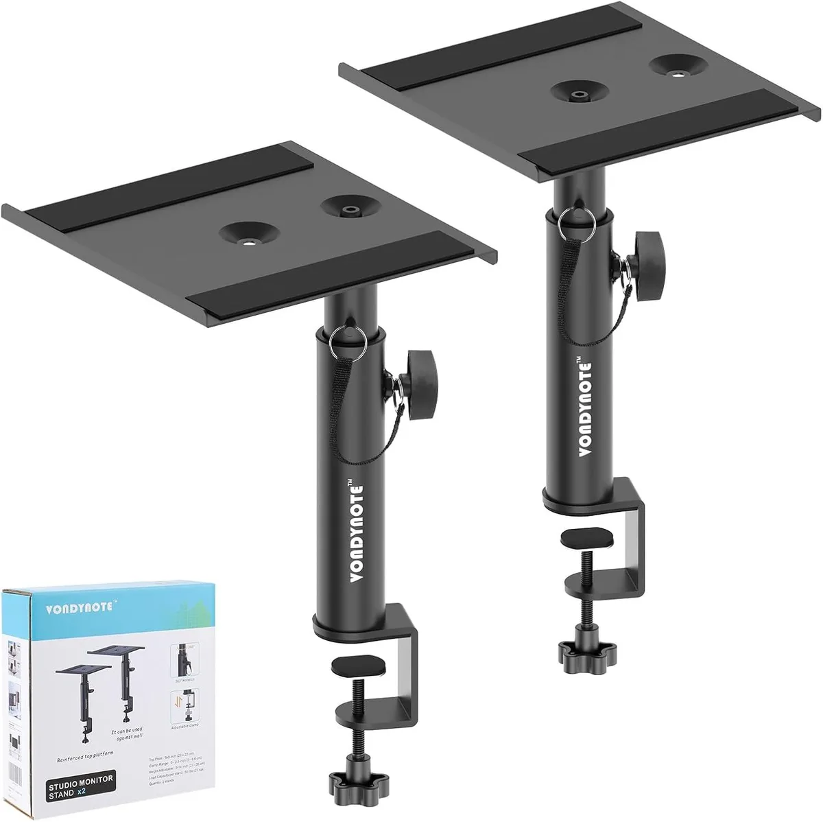 Two black metal desktop clamp speaker stands with adjustable height tubes and top plates