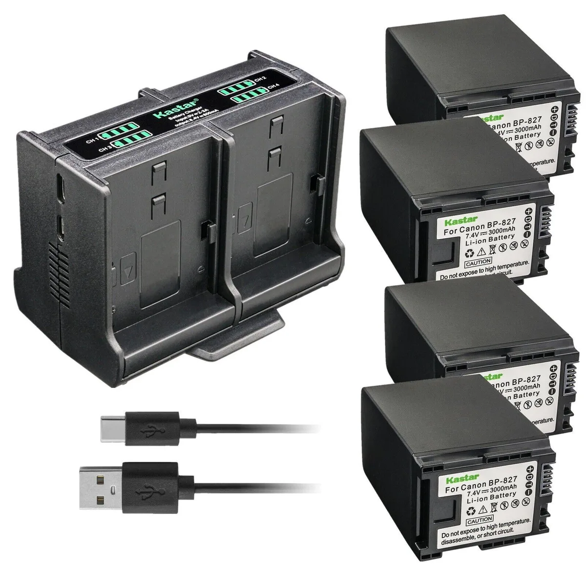 Kastar Kastar BP-827 4-pack camera battery and quadruple charger — product photo