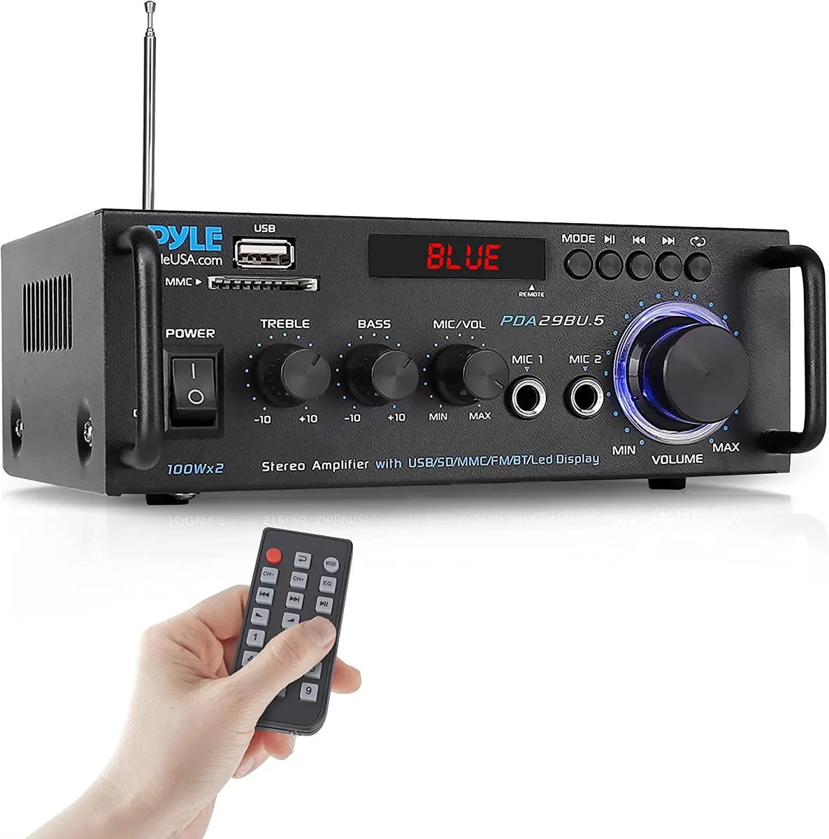 Compact black stereo amplifier with front panel knobs, LED display, microphone jacks, USB and SD slots, Bluetooth antenna
