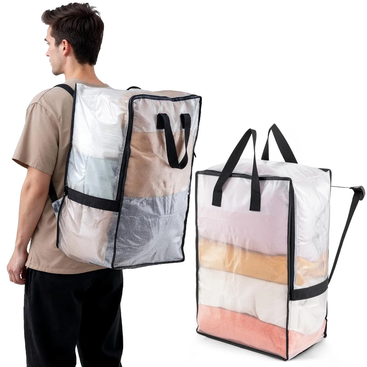 Clear rectangular moving bag with adjustable backpack straps and top handles, zipper closure, transparent finish, 31 by 15 by 40 inches