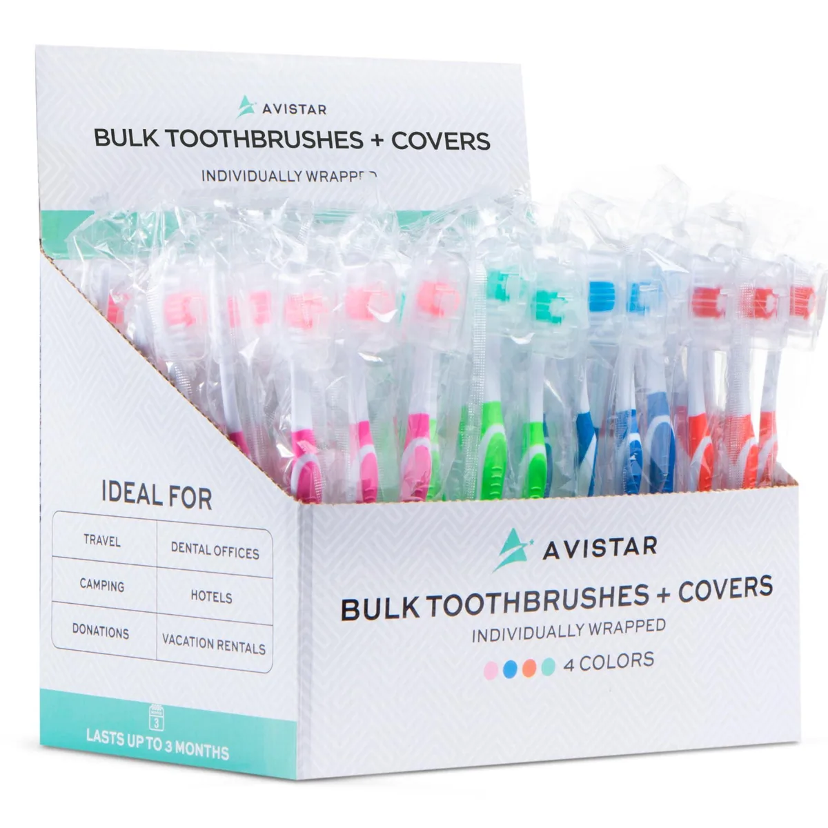 Box of 104 individually wrapped manual toothbrushes with cover caps in red green blue pink