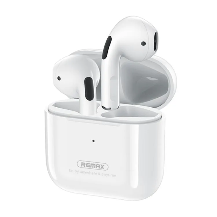 White true wireless earbuds with matching charging case