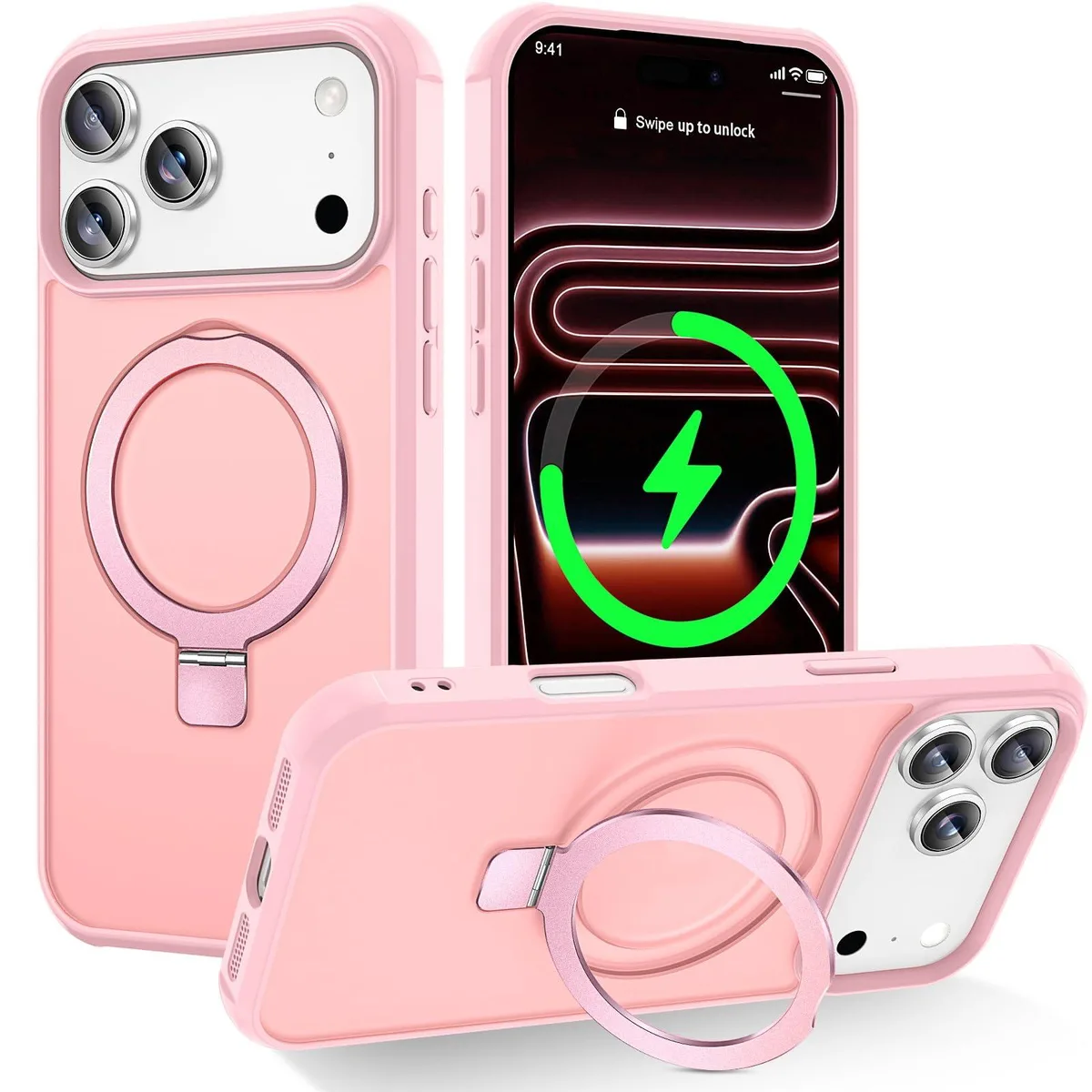 Pink translucent slim hard back case with soft edges, metal ring stand and magnetic compatibility