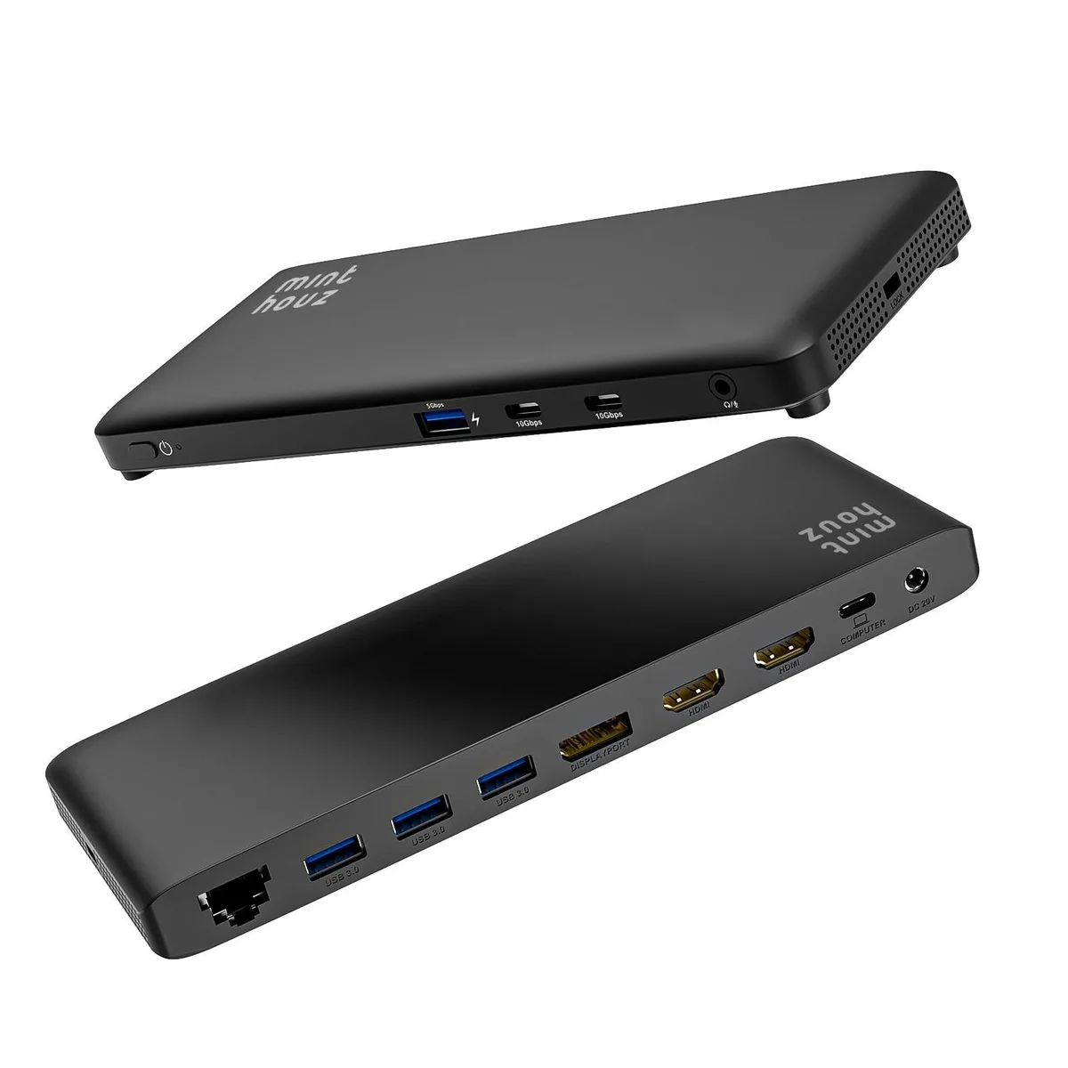 Compact rectangular dock, matte black finish, multiple ports visible