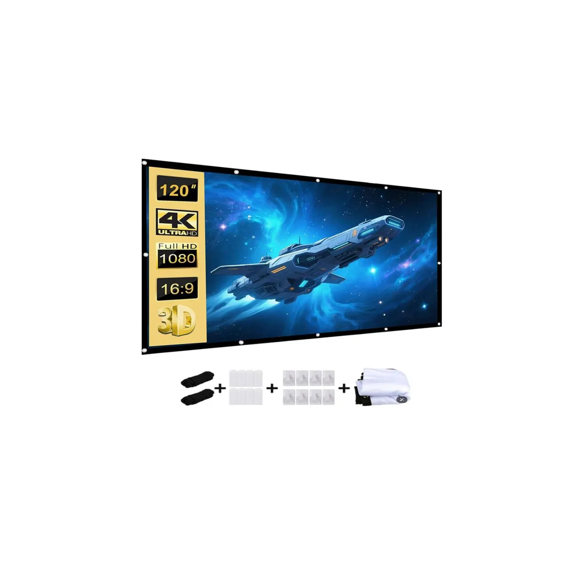 Folded 120-inch polyester screen, 16:9, 160° view, 106 by 60 inches open