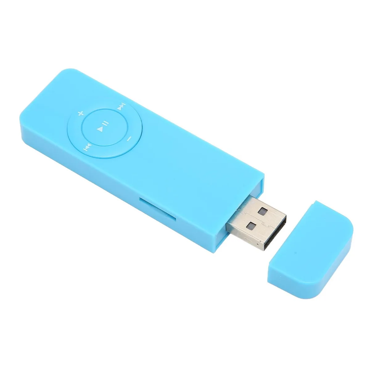 Small blue rectangular MP3 player 4.7 inches with USB connector and lanyard hole