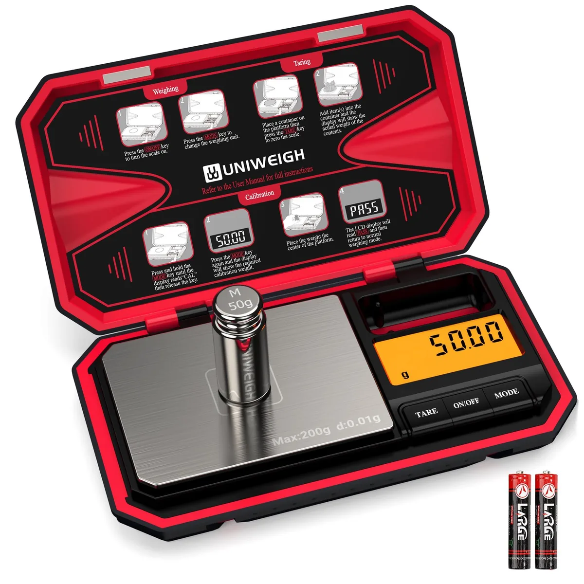Red clamshell pocket scale with backlit LCD display and calibration weight