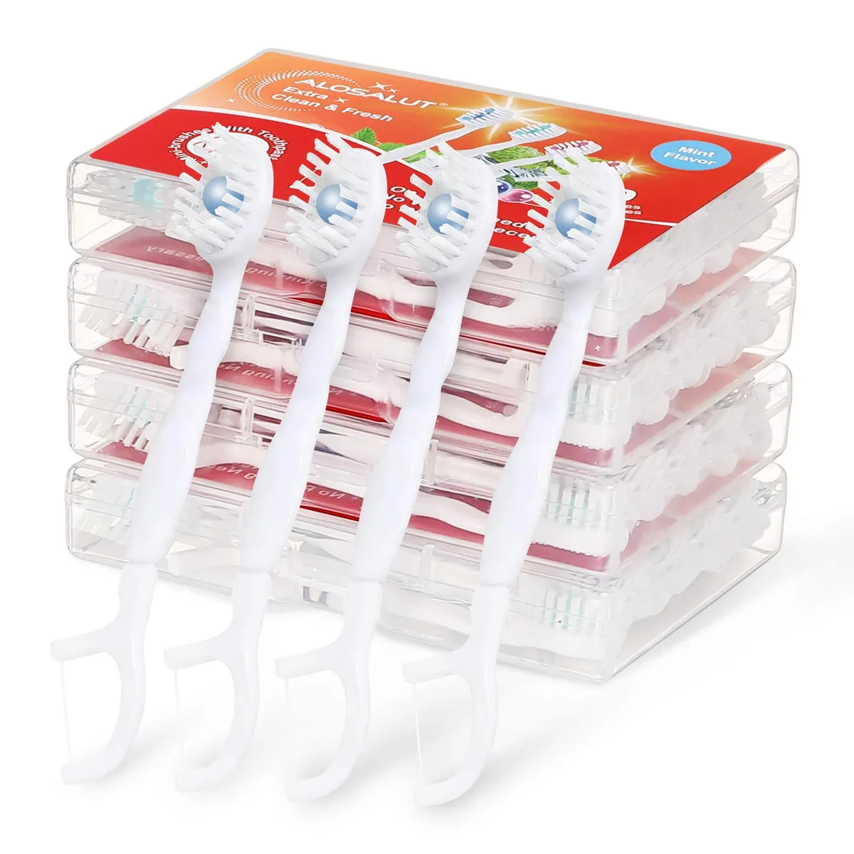 White disposable toothbrushes with mint capsules and floss picks in four boxes
