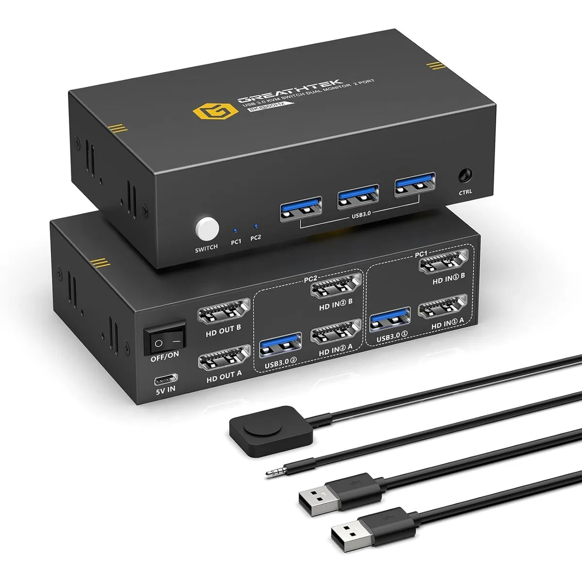 GCROWN GCROWN 8K@60Hz Dual Monitor KVM Switch 2 PCs 3×USB 3.0 Wired Remote — product photo