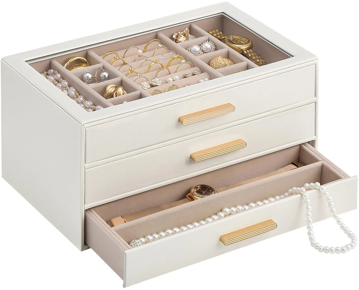 Beige three-layer jewelry box with glass lid, 11 by 28 by 13 cm