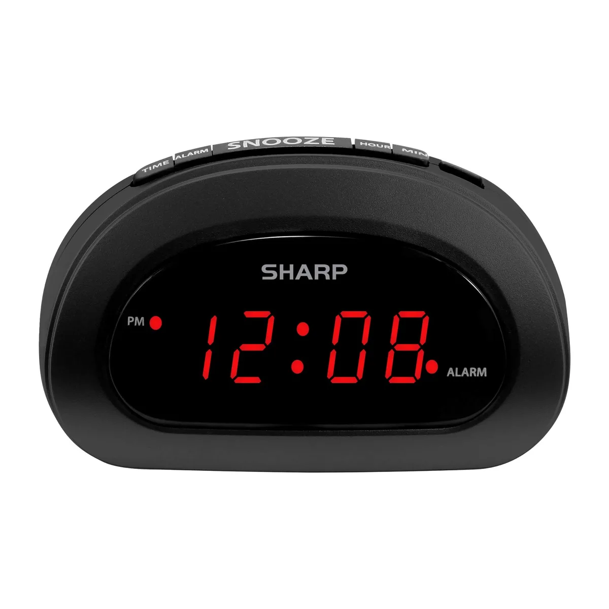 Compact black digital alarm clock with red LED display and top-mounted buttons