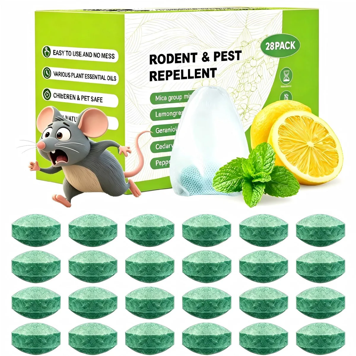 Twenty-eight peppermint oil repellent balls in individual mesh bags