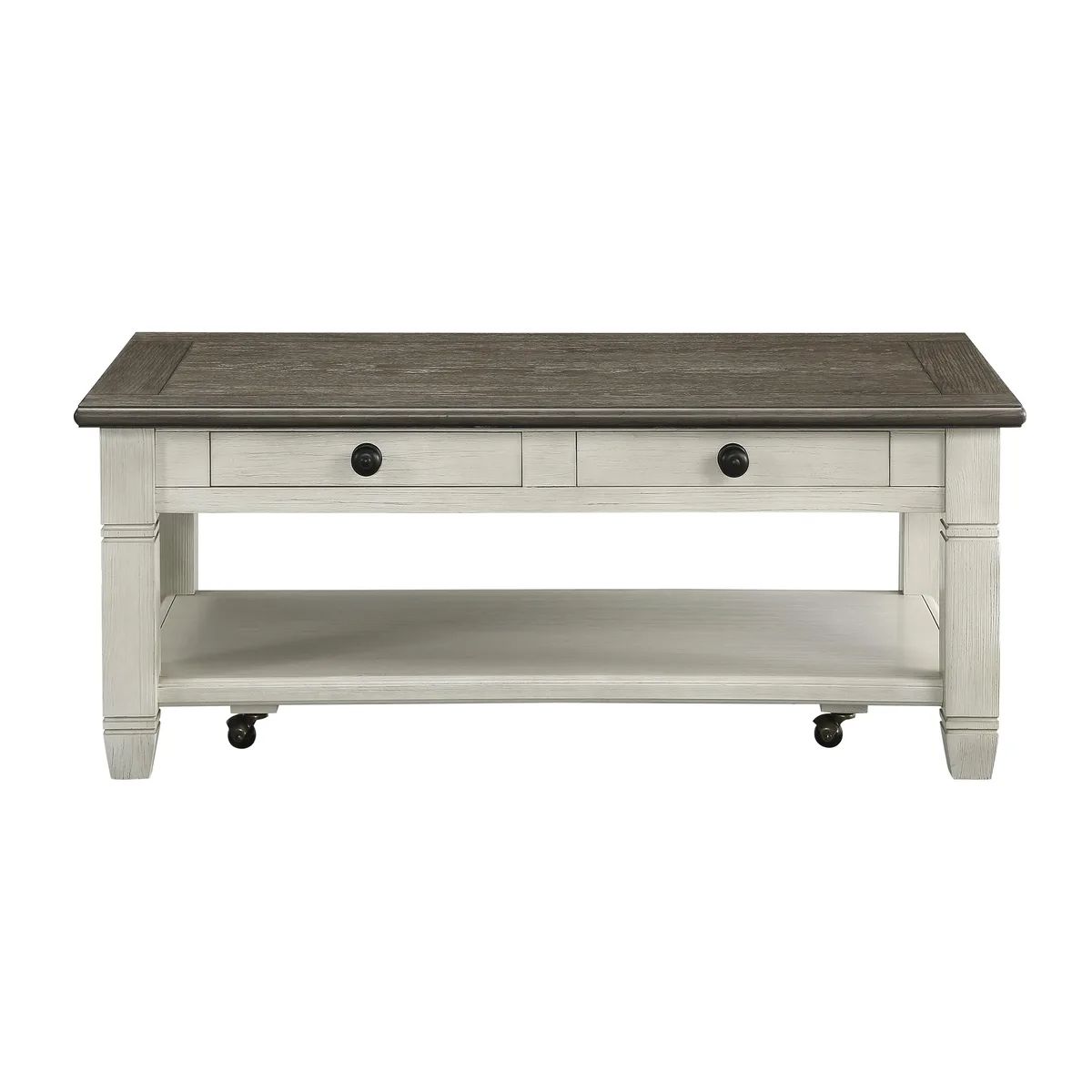 Two-tone wooden cocktail table with two drawers, lower shelf and casters