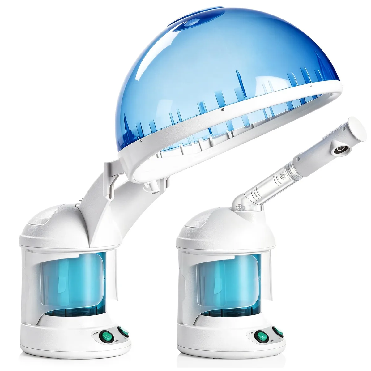 White tabletop steamer with bonnet hood and adjustable arm, multicolor finish