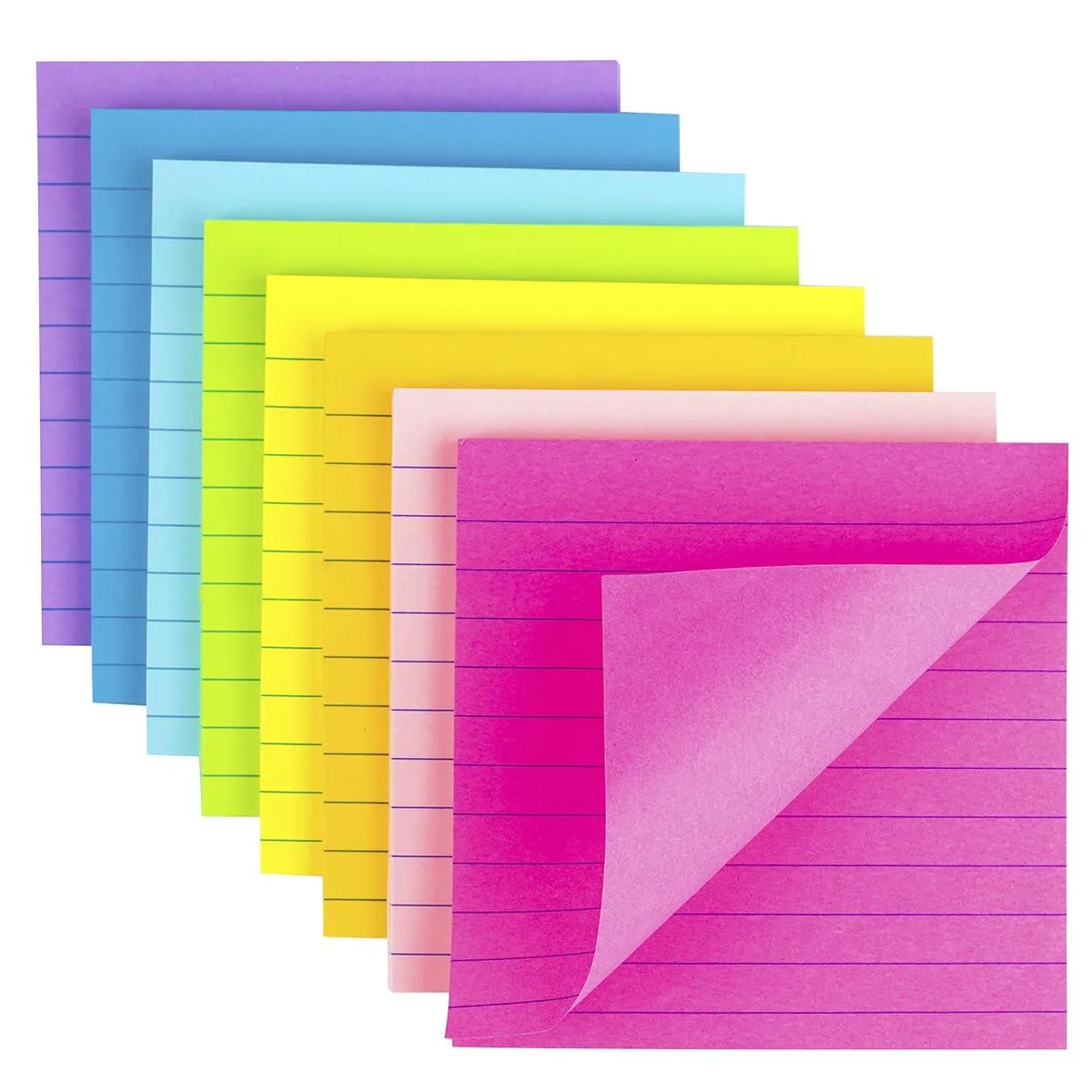 Eight square sticky-note pads in bright colours, lined sheets, 54 per pad