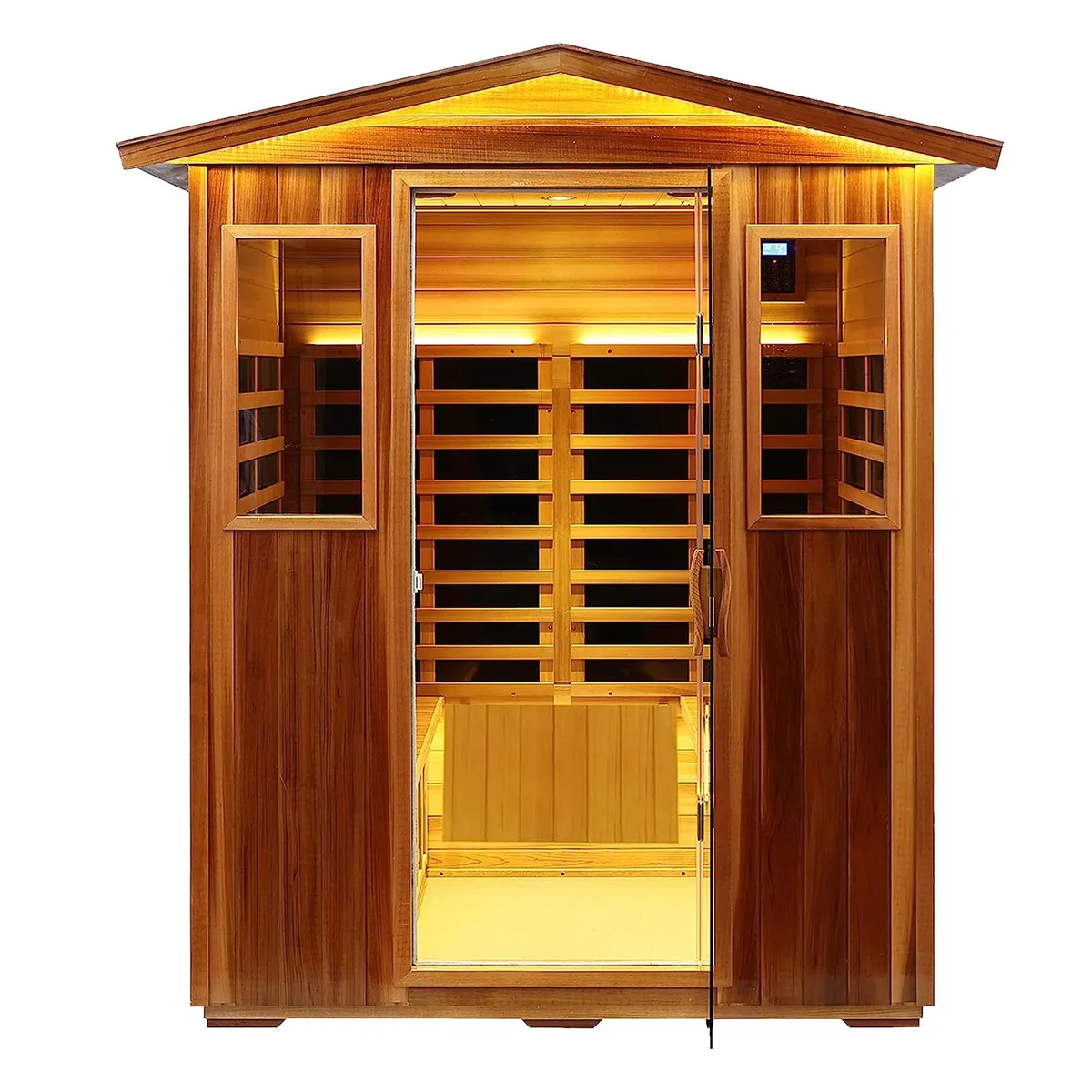 Rectangular outdoor infrared sauna, natural wood finish, four-person capacity
