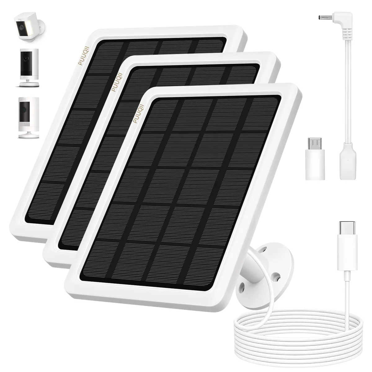 Three white rectangular solar panels with adjustable mounts and long cables