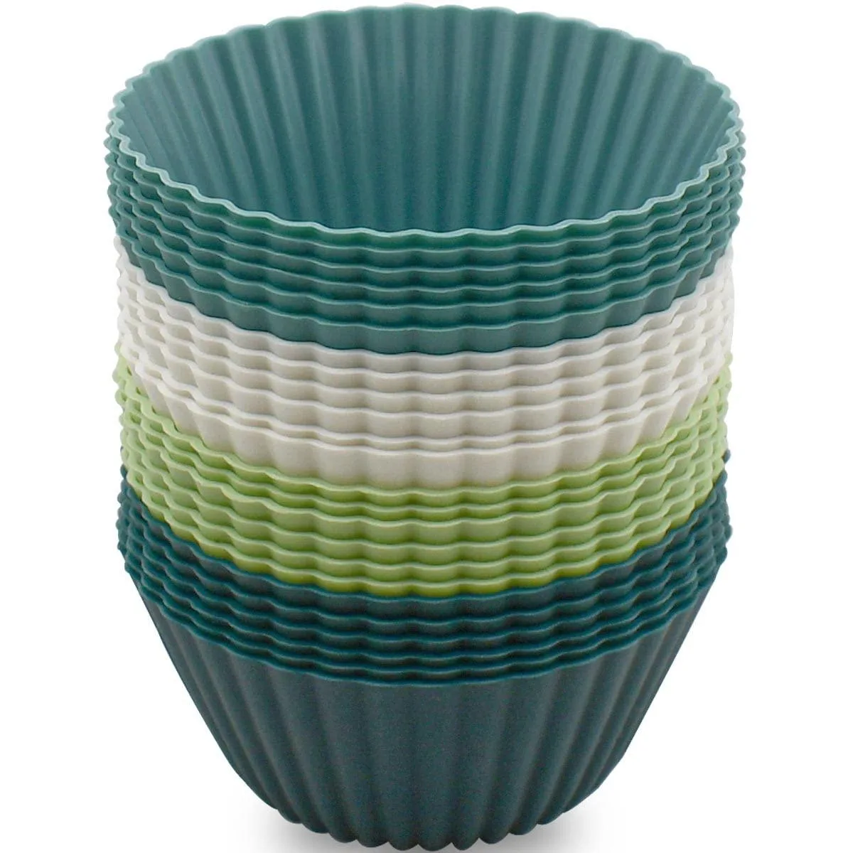 Twenty-four flexible silicone muffin cups in navy, dusty blue, green and white, arranged in a grid