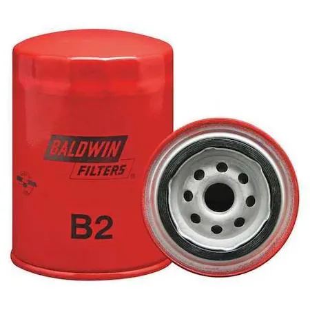 Off-white cylindrical spin-on oil filter with threaded base