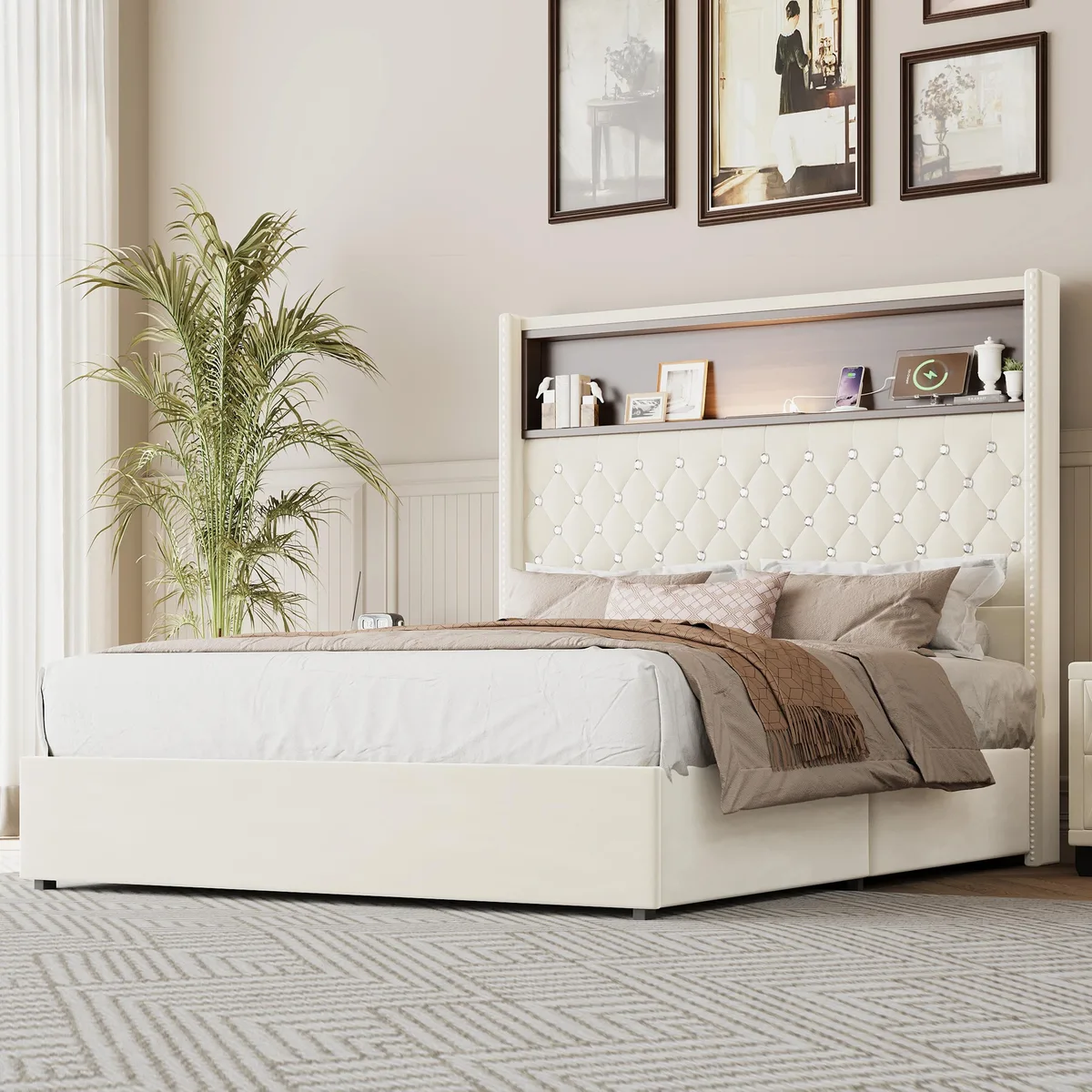 Beige velvet tufted bed frame with wing-back headboard, USB port and night light