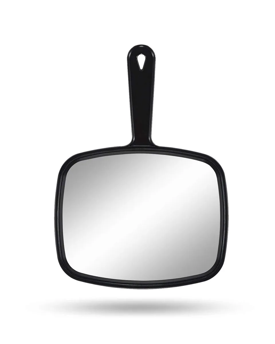 Square black handheld mirror with rounded corners, smooth black handle, and a hanging hole, 7.4 by 10.3 inches