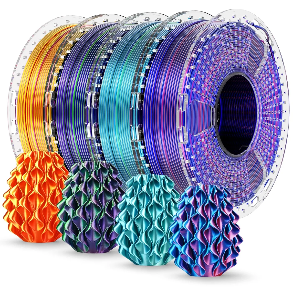 Four small spools of silk PLA filament in multicolour combinations, vacuum sealed