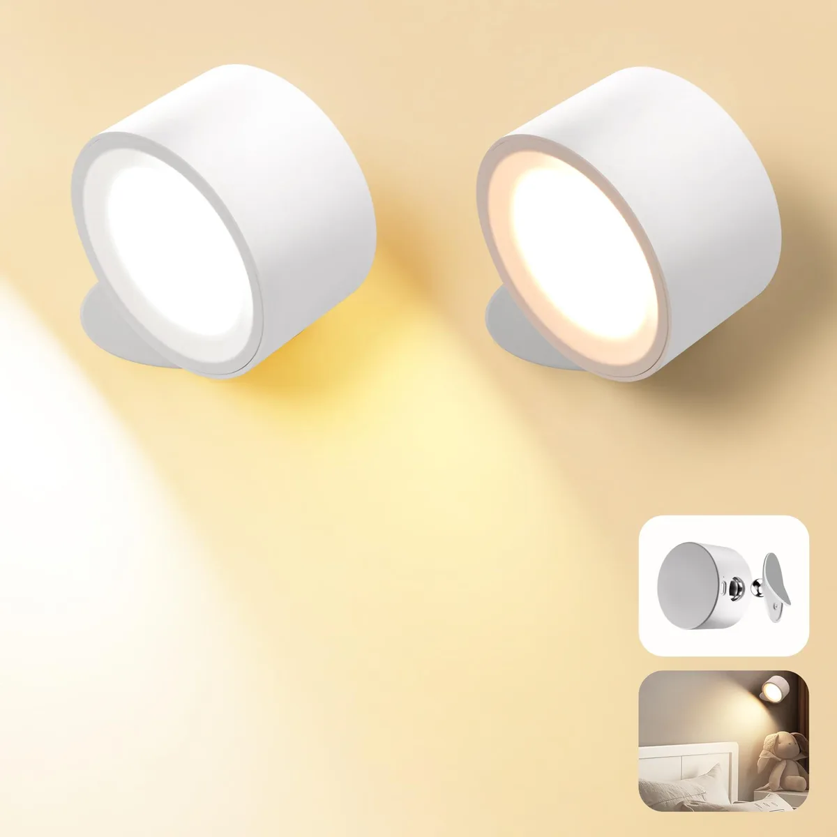 Two white plastic wall lights with magnetic ball joints, 4.1 by 3.7 by 3.35 inches