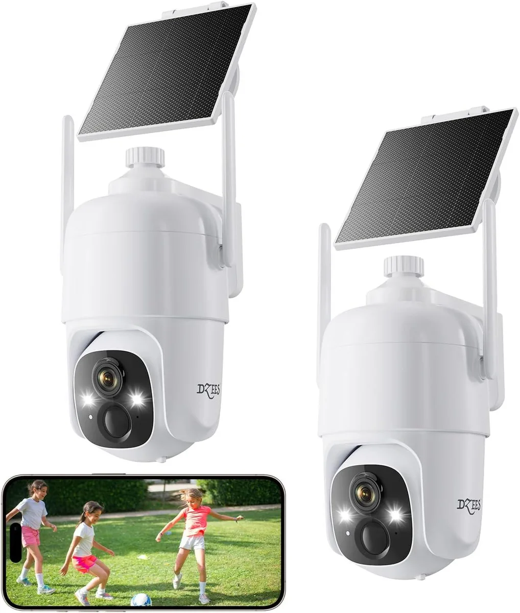 Two white PTZ cameras with solar panels, outdoor mounted
