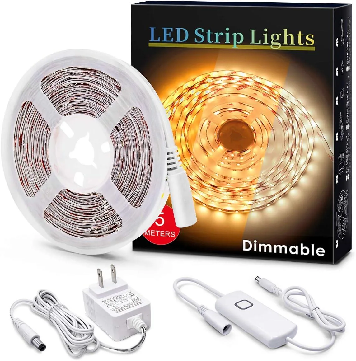 Warm white LED strip on a 16.4ft reel with inline dimmer control