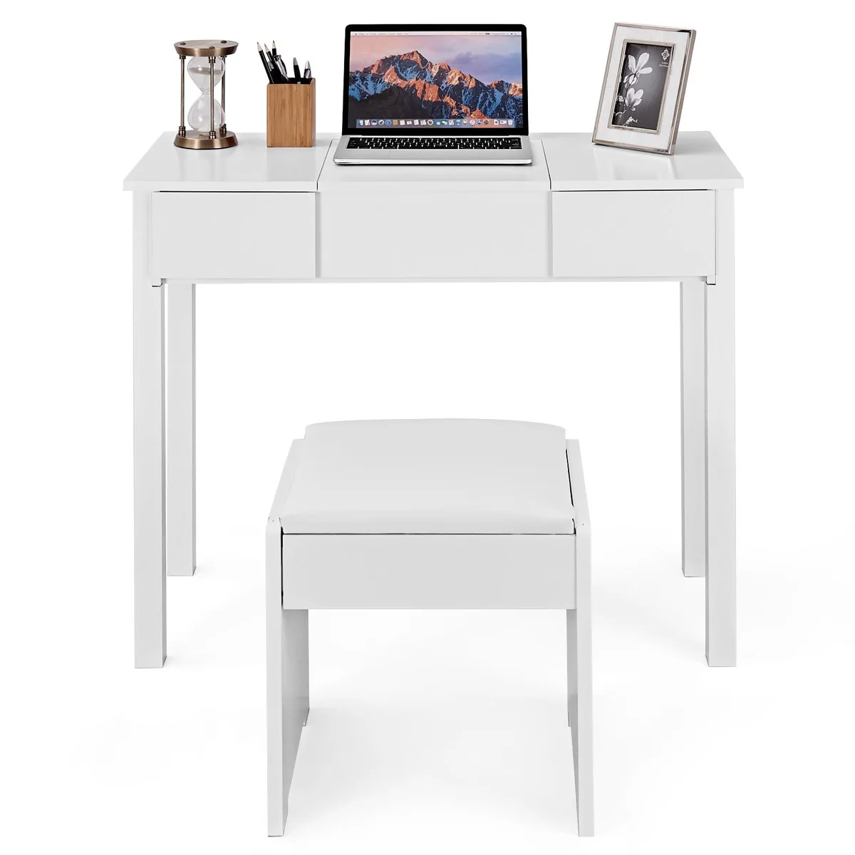 White vanity table with flip-up mirror, two side drawers, hidden storage compartments, and matching cushioned stool