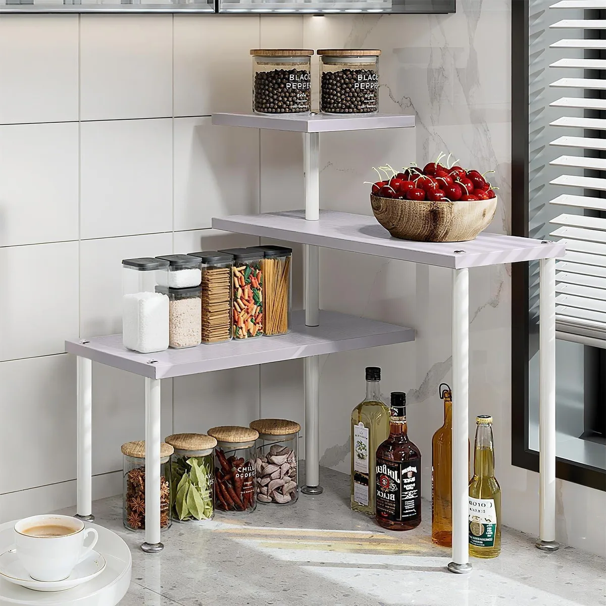 White three-tier iron corner shelf with adjustable shelves, 15 by 17 by 15 inches