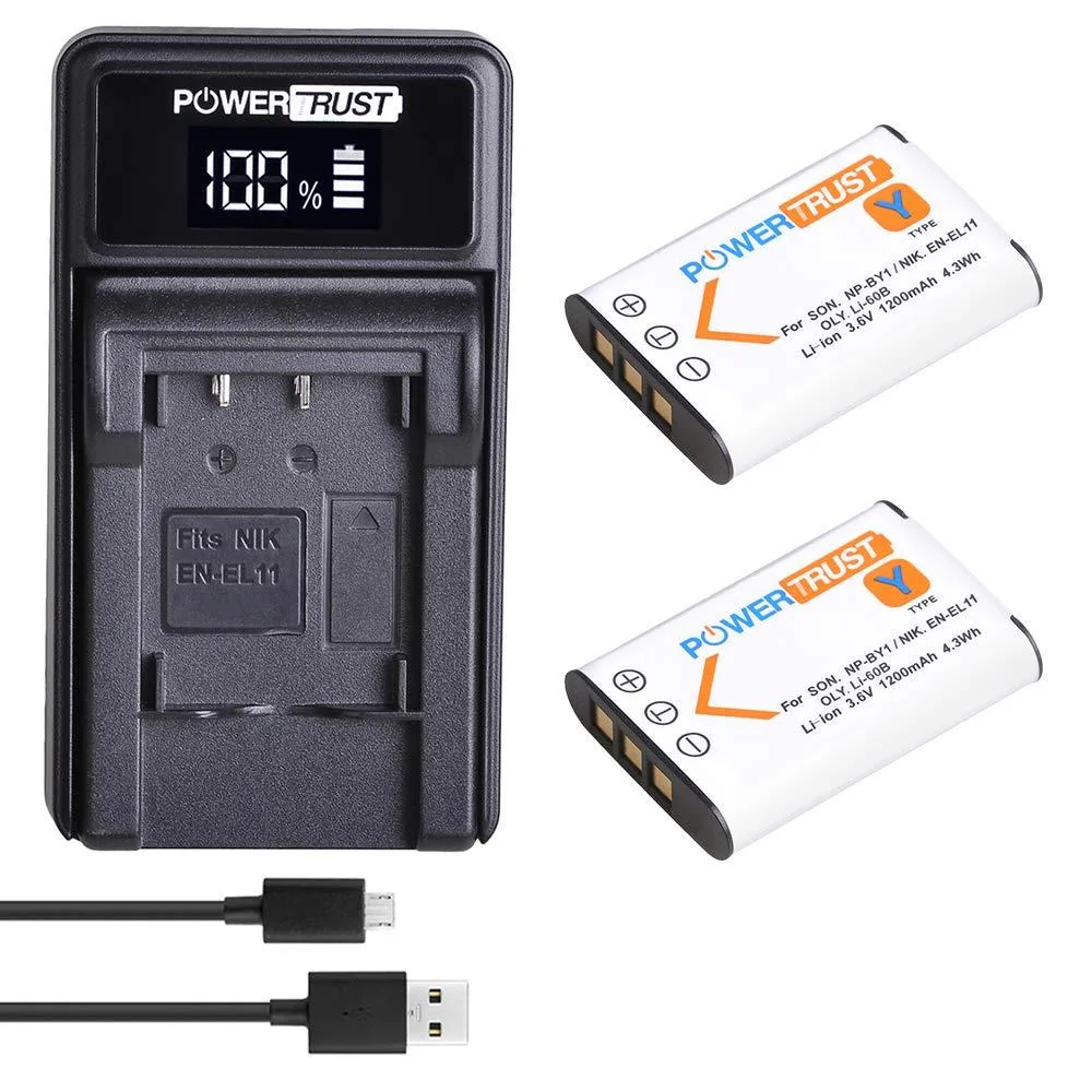  PowerTrust NP-BY1 2-pack batteries &amp; LED USB charger — product photo