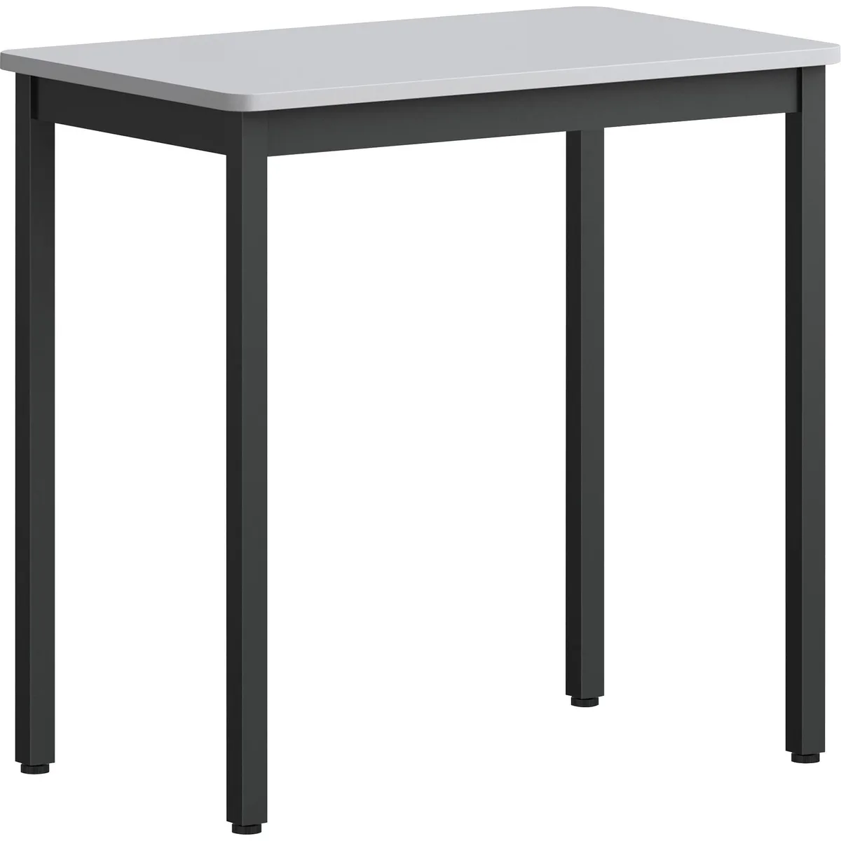 Rectangular gray laminate top on black powder-coated steel folding legs, 30 by 18 inches