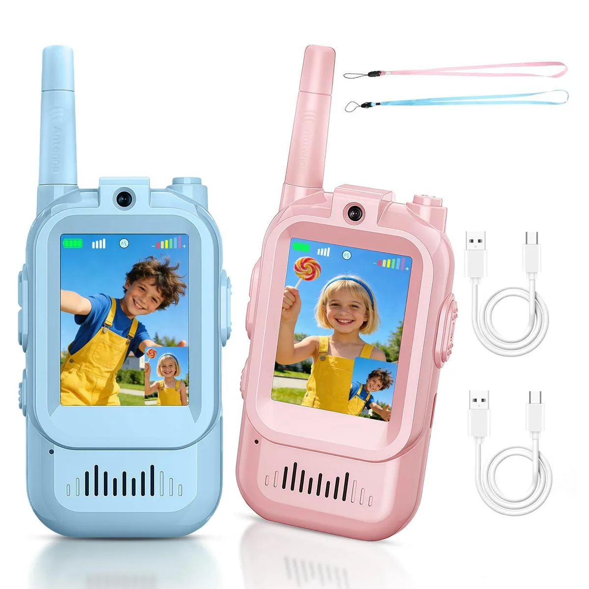 Two compact blue handheld video walkie-talkies with screens and antennas, shown as a pair