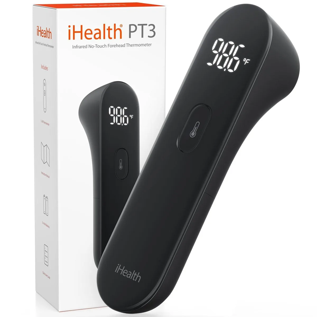 Black no-touch forehead thermometer with large LED display