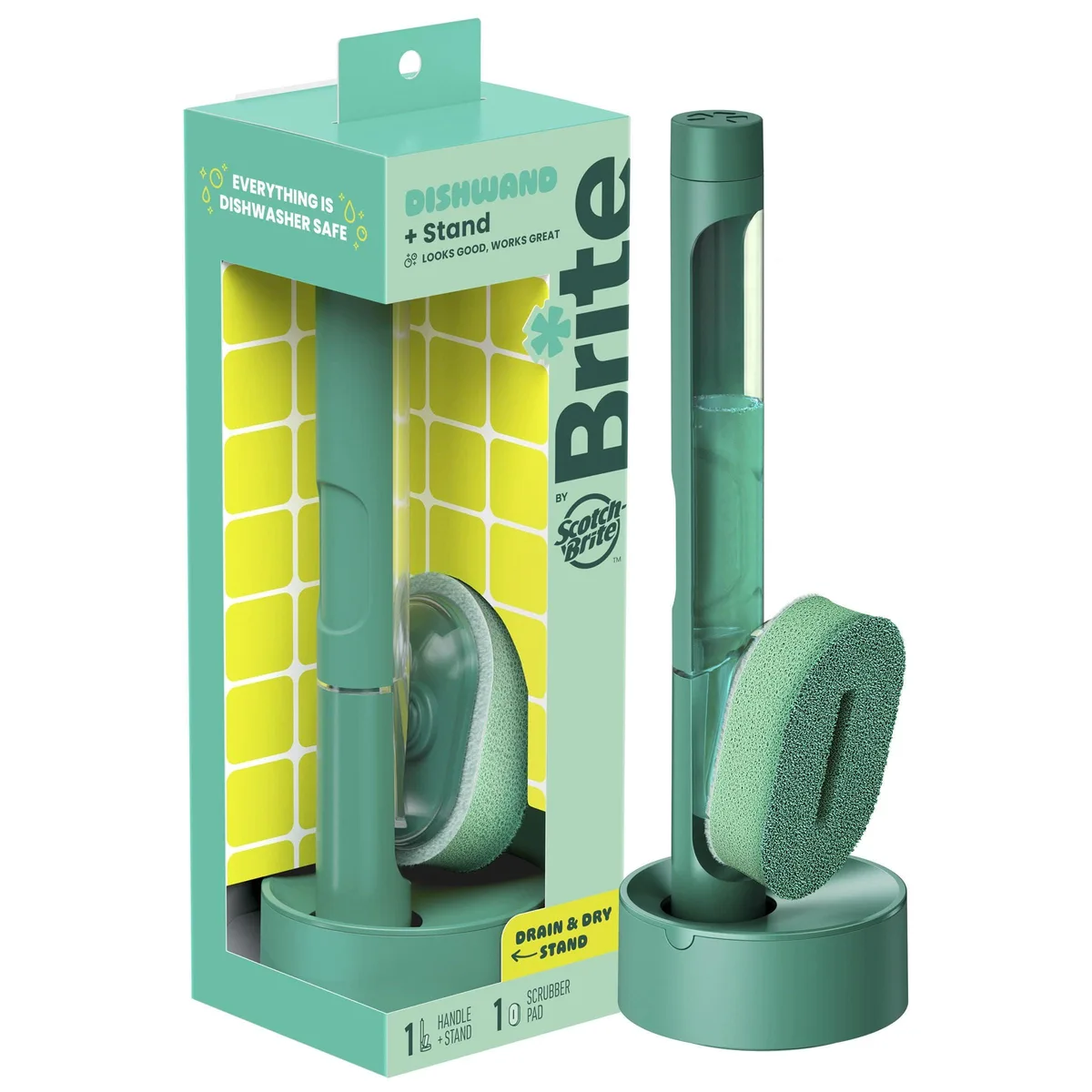Brite fillable dishwand with drain stand, 29.5 cm tall