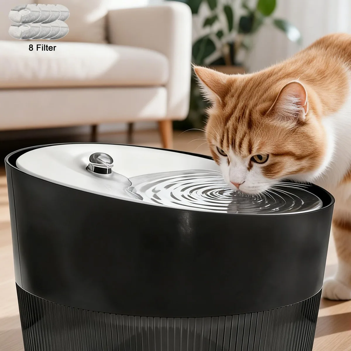 QLEE QLEE 84oz/2.5L Pet Water Fountain Stainless Steel Top BPA-Free Basin 8 Filters Black — product photo