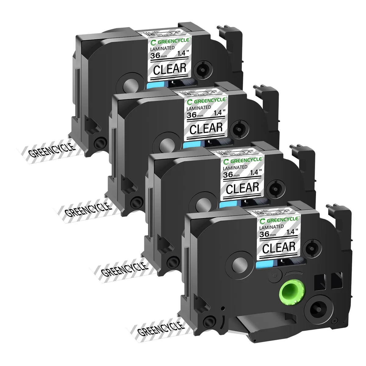 GREENCYCLE GREENCYCLE TZe-161 36mm 1.4" Black on Clear laminated label tape 4-pack — product photo