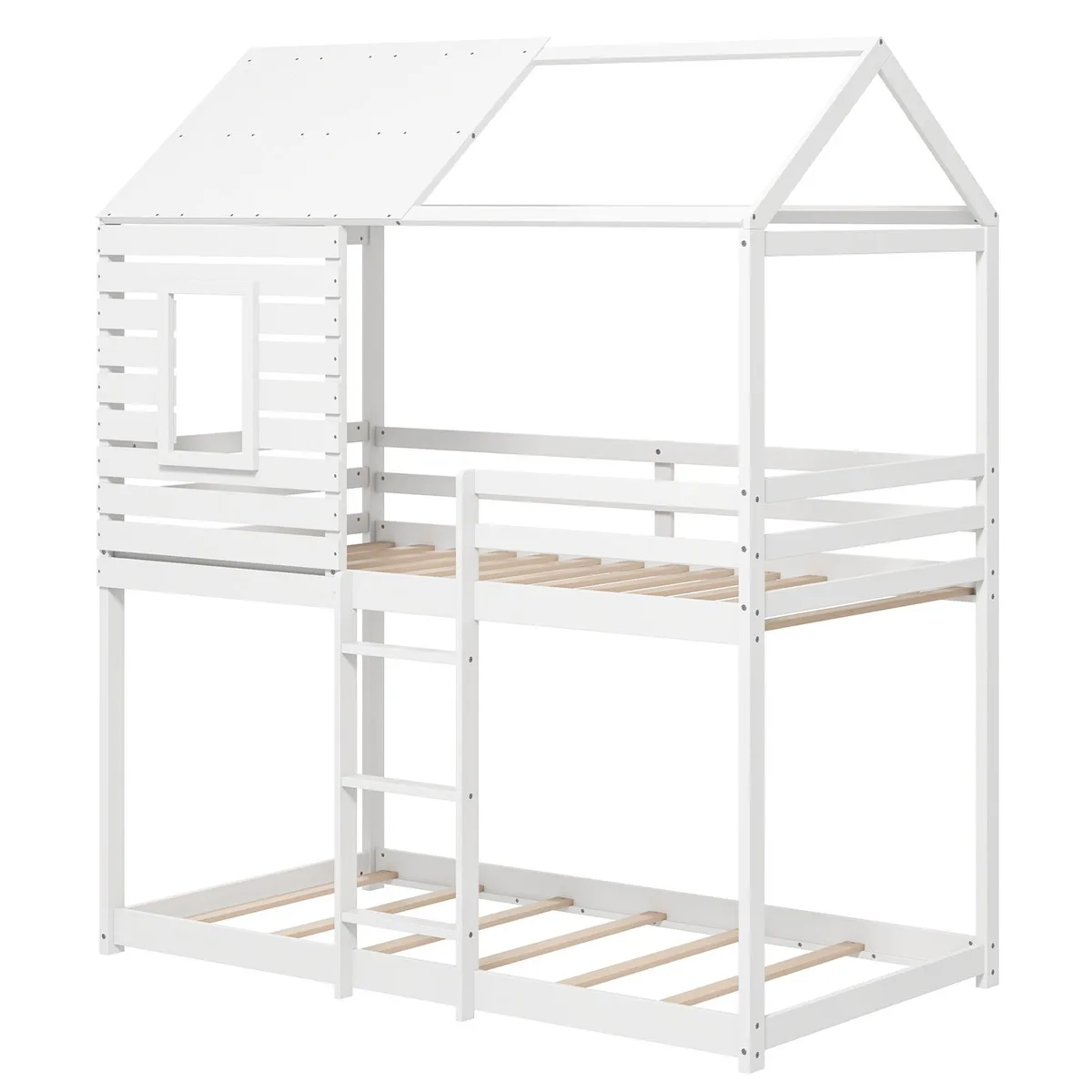 White house-style twin bunk bed with pitched roof, window and full guardrails
