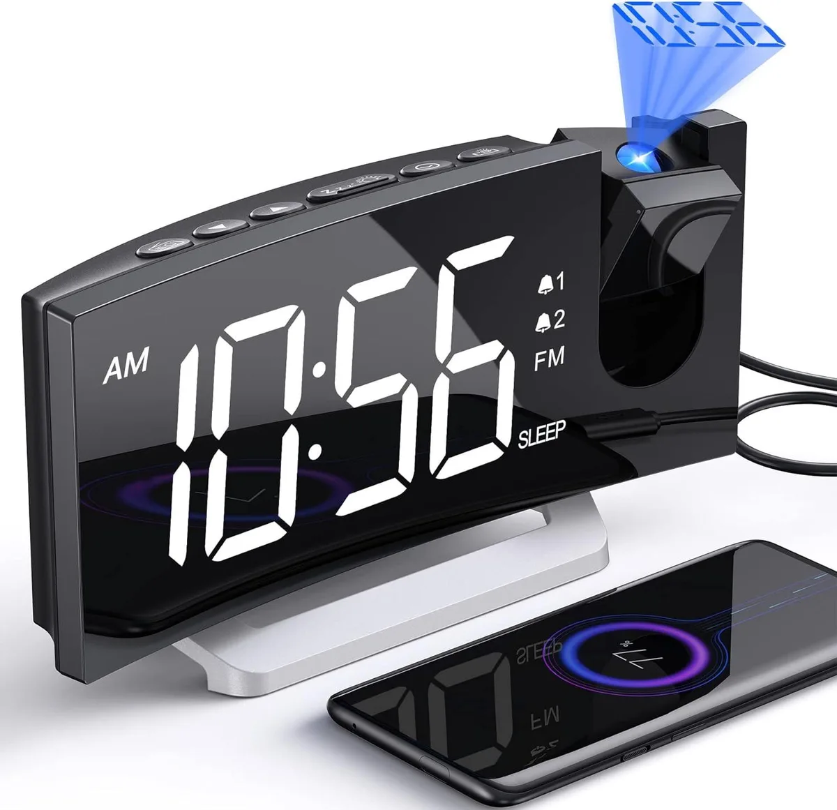 KEHIPI KEHIPI Digital Projection Clock White USB Charger FM Radio Dual Alarms 30 Stations — product photo