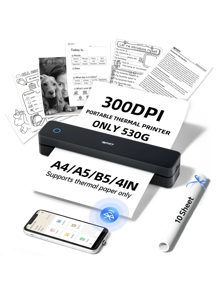 Compact black thermal label printer, 10.2 inches long, matte finish, textured grip, USB-C cable included