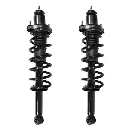Two rear strut assemblies with springs and mounts, silver metallic finish, ready to install